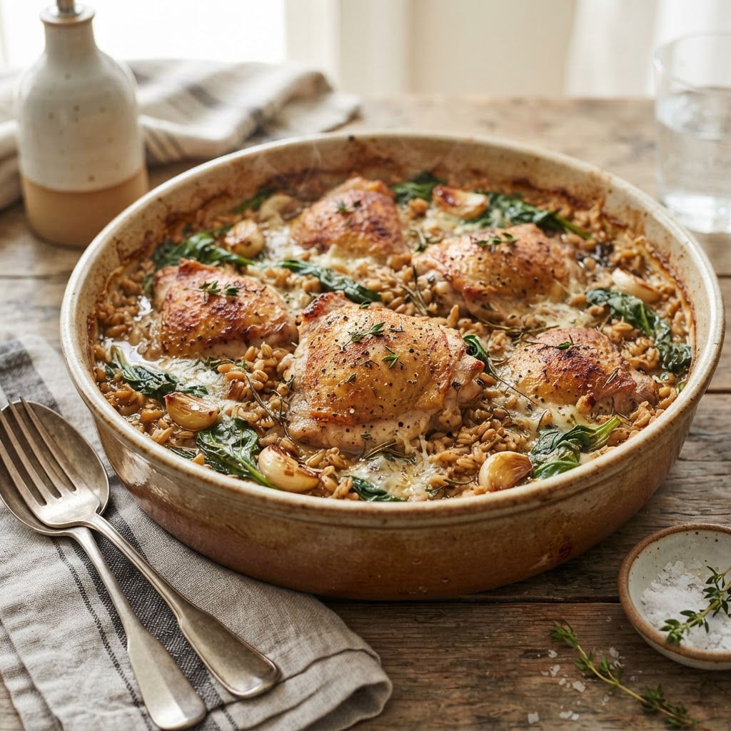 Roasted Garlic Chicken and Farro Bake