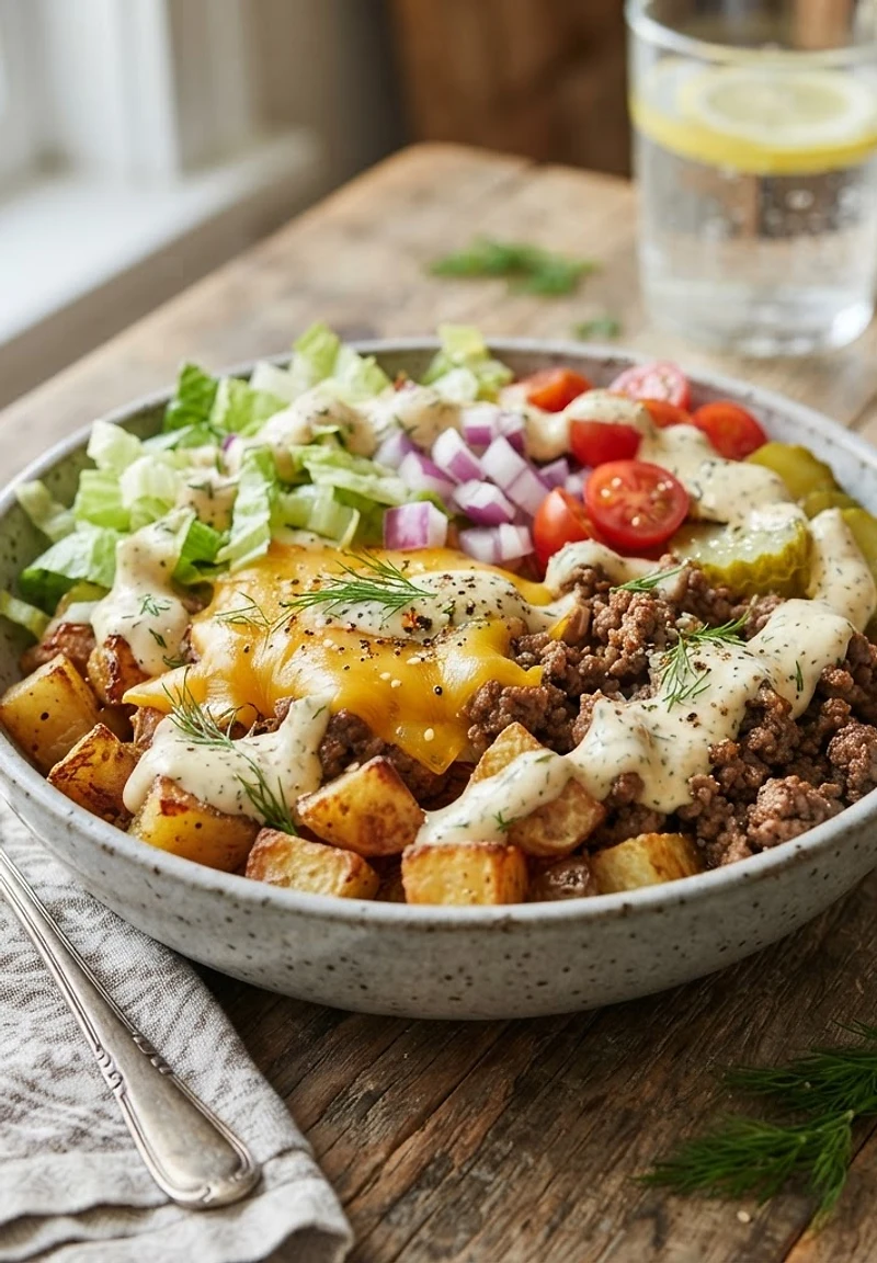 Cheeseburger Burger Bowls with Pickle Sauce