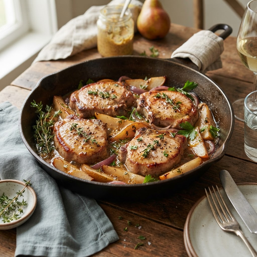 One-Pan Pork Chops with Pear Mustard Sauce