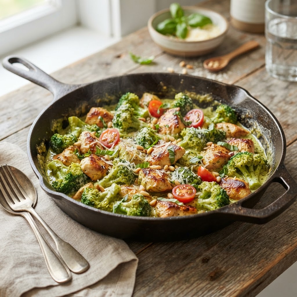 One-Pan Creamy Pesto Chicken and Broccoli