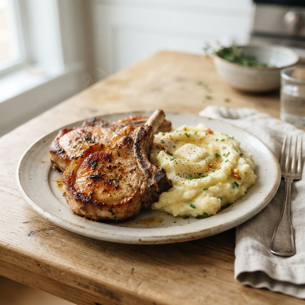Pan-Seared Pork Chops with Garlic Herb Mashed Potatoes