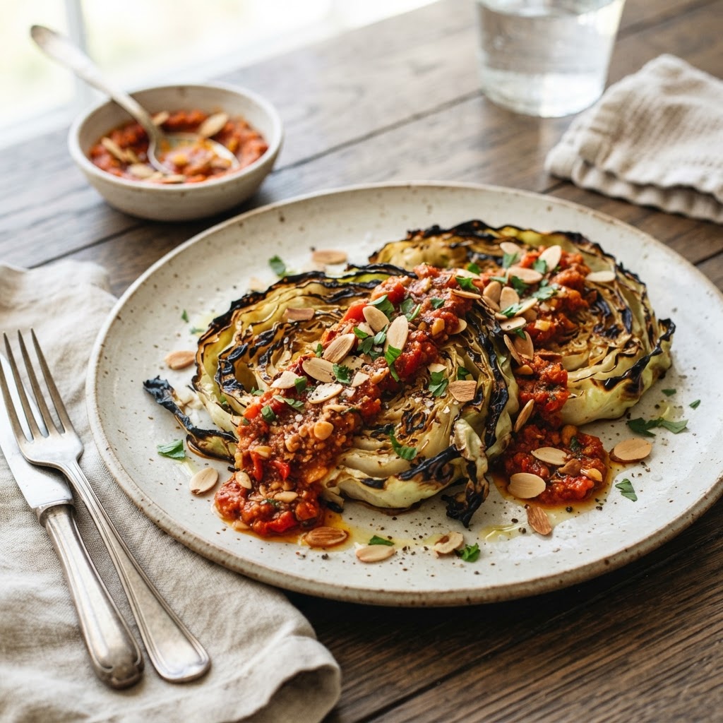 Grilled Cabbage Steaks with Romesco