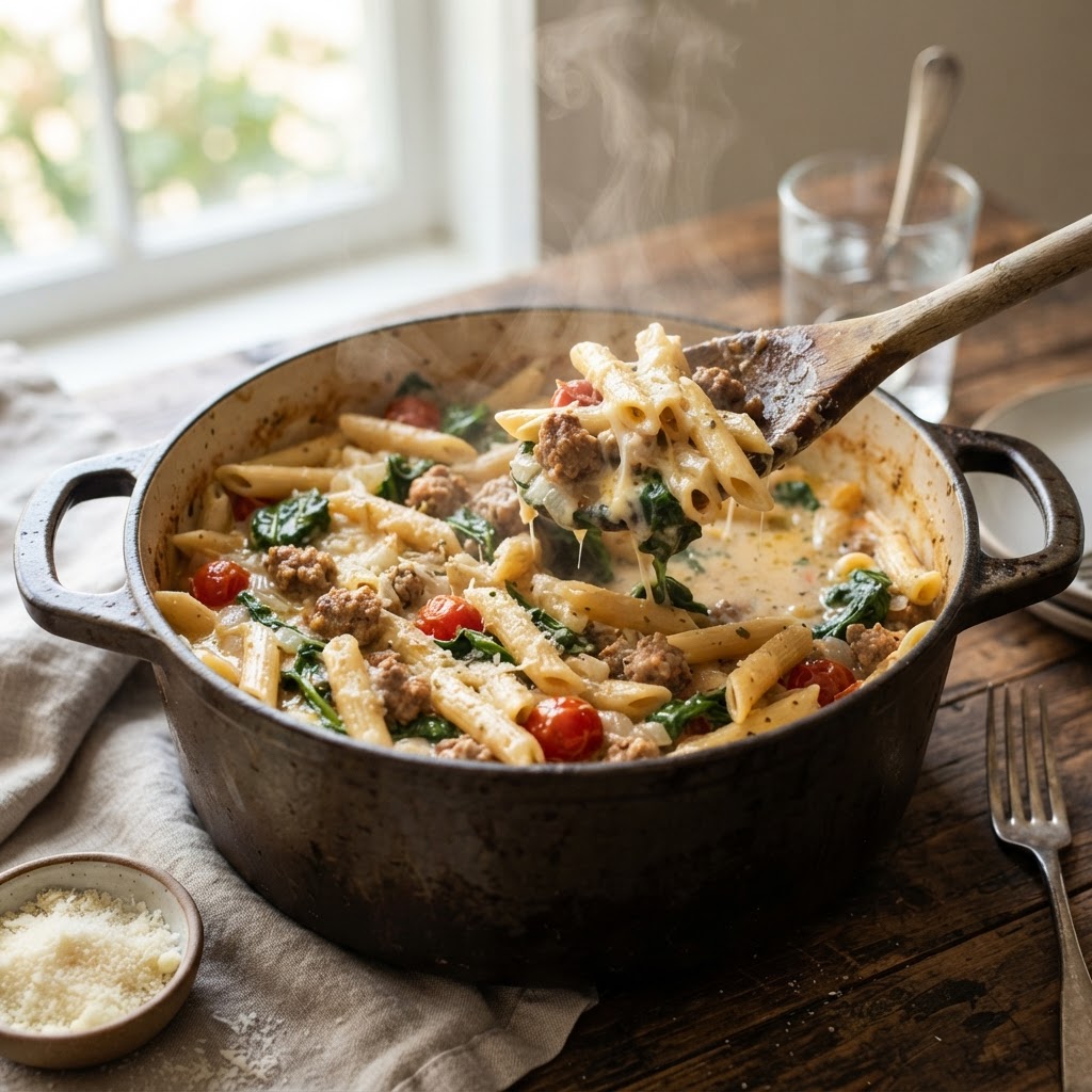 One Pot Sausage and Spinach Pasta