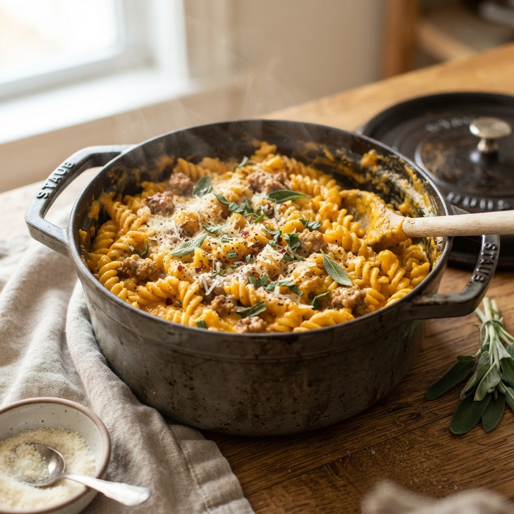 One-Pot Creamy Pumpkin Pasta with Sausage and Sage
