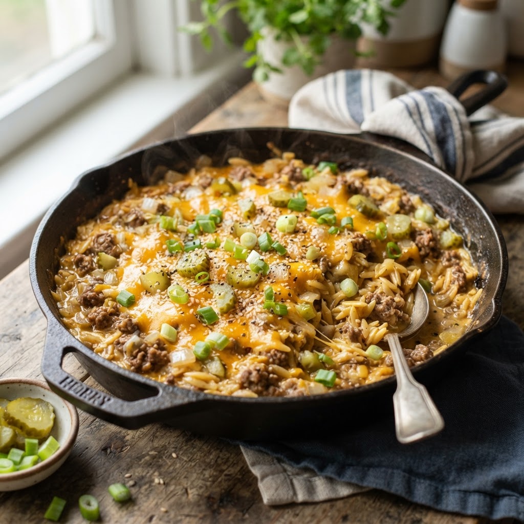 Cheeseburger Orzo Skillet