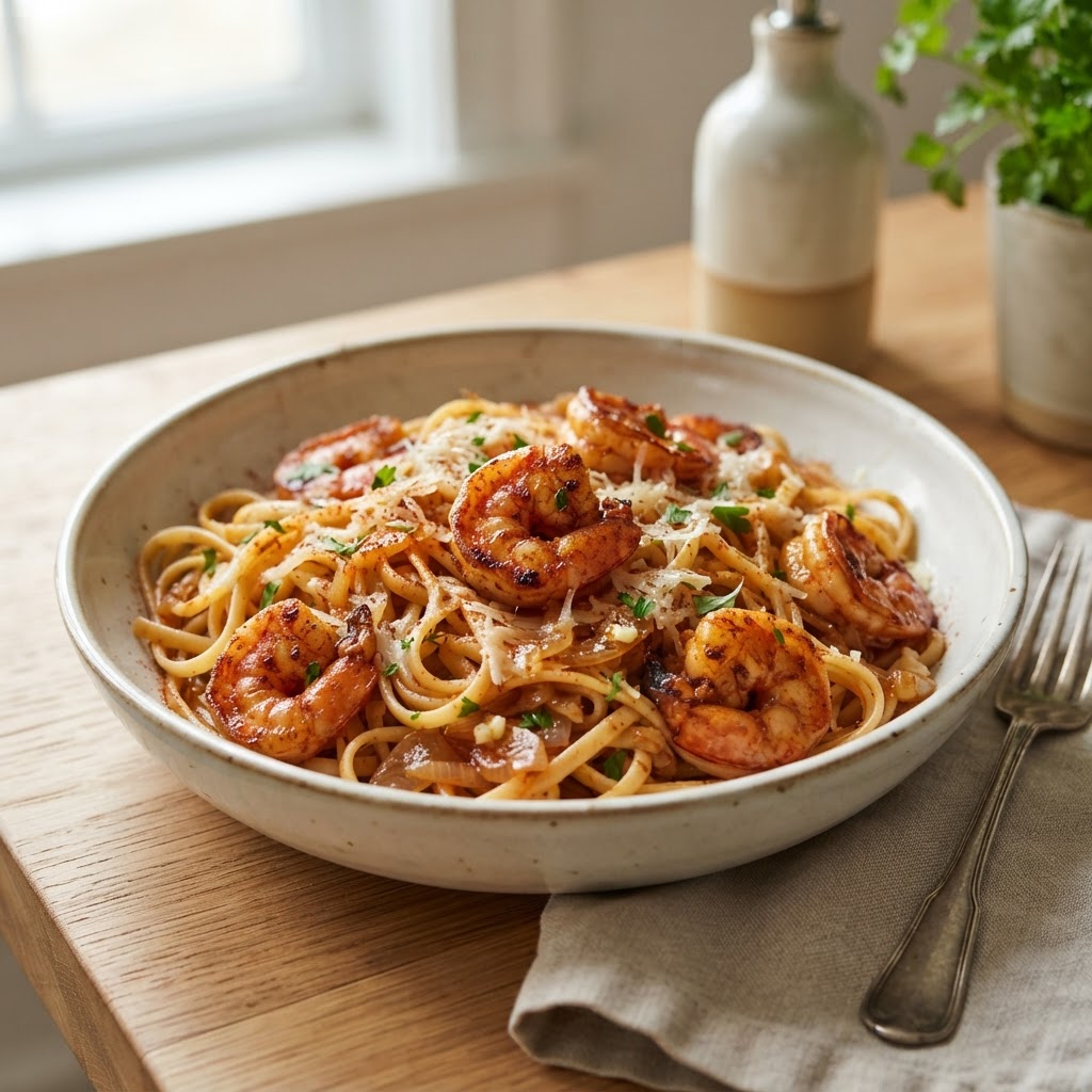 Smoked Paprika Shrimp and Shallot Pasta with Manchego