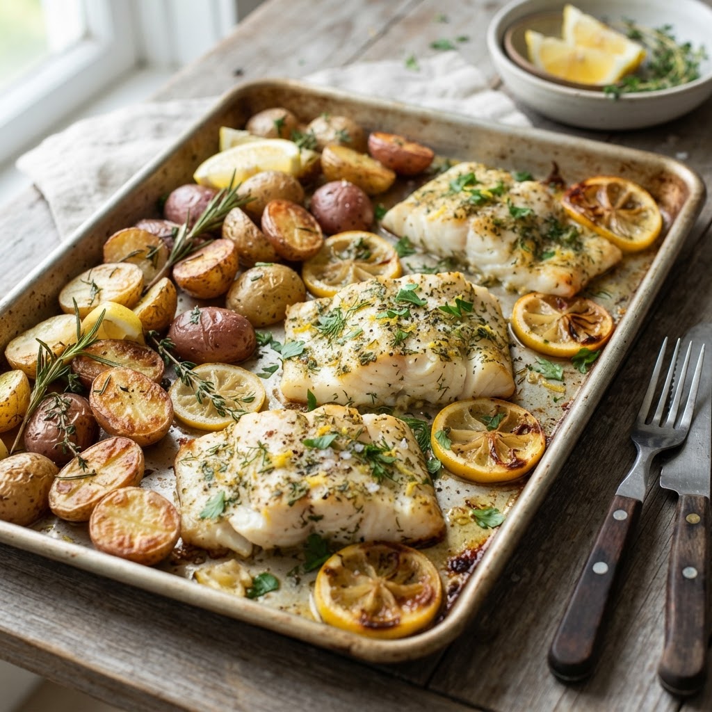 Sheet Pan Lemon Herb Cod and Potatoes