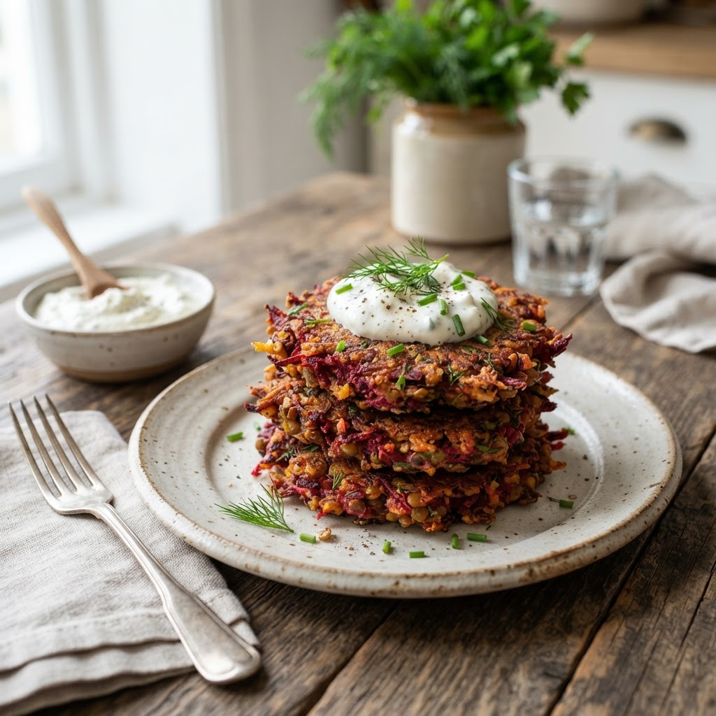 Beet and Lentil Fritters with Horseradish Yogurt