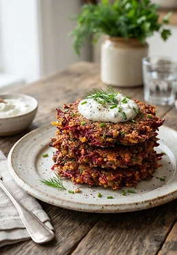 Beet and Lentil Fritters with Horseradish Yogurt