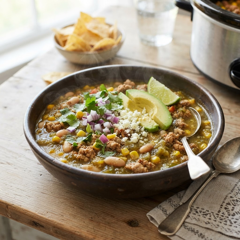 Slow Cooker Salsa Verde Turkey Chili