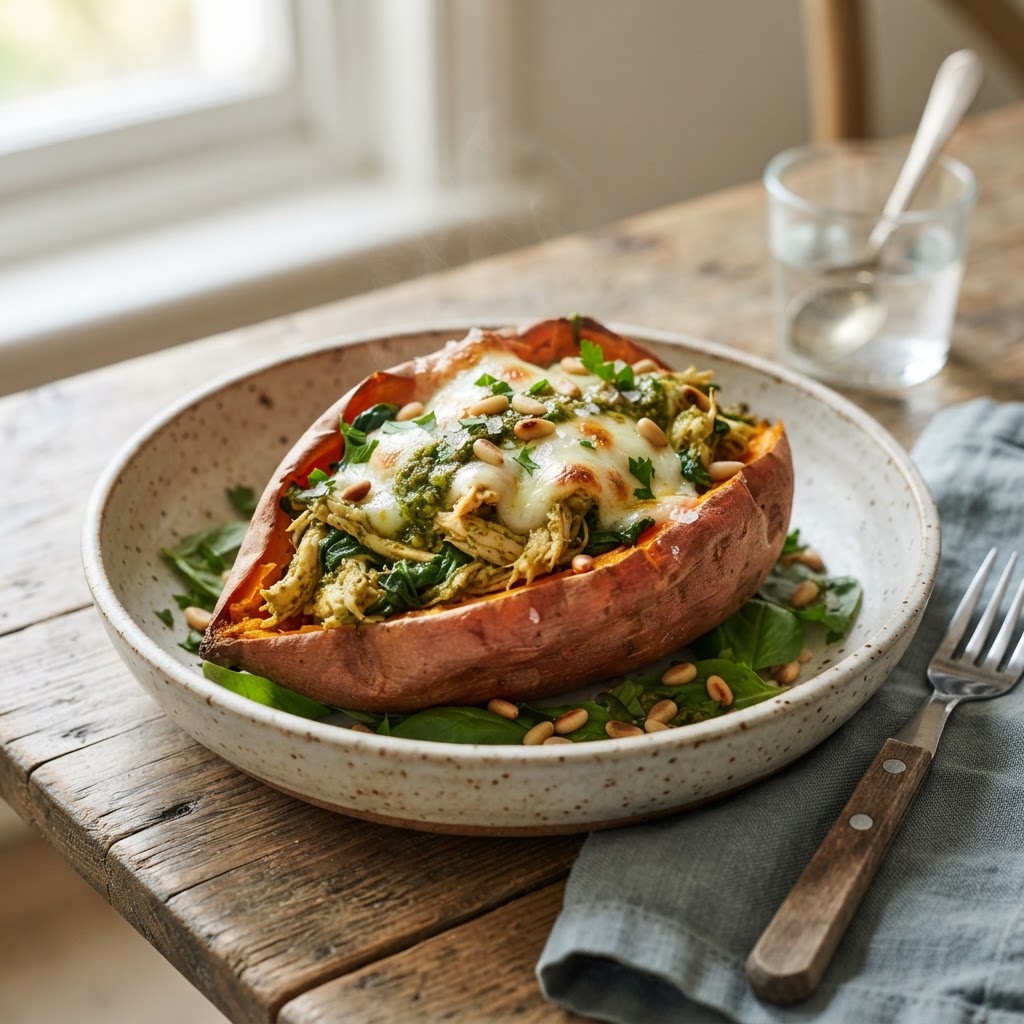 Chicken Pesto Stuffed Sweet Potatoes