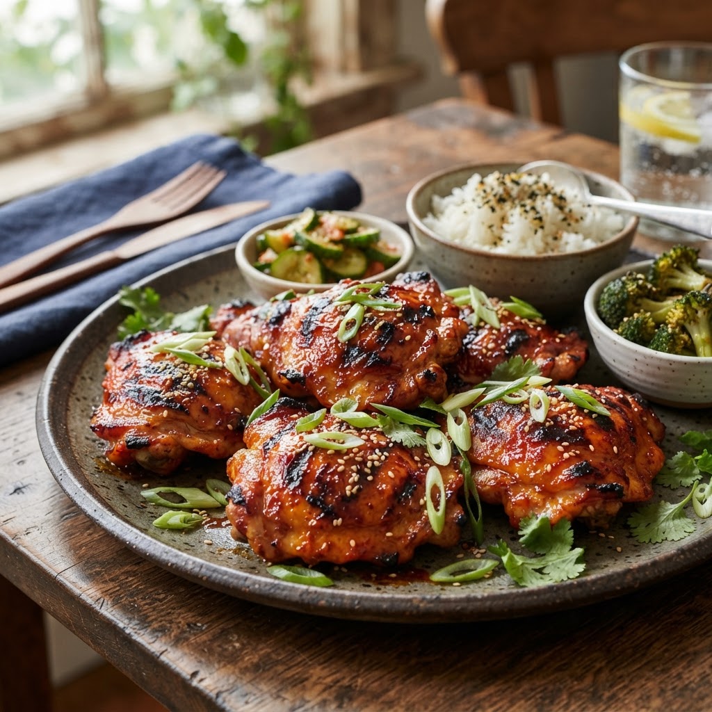 Grilled Chicken Thighs with Gochujang Pear Glaze