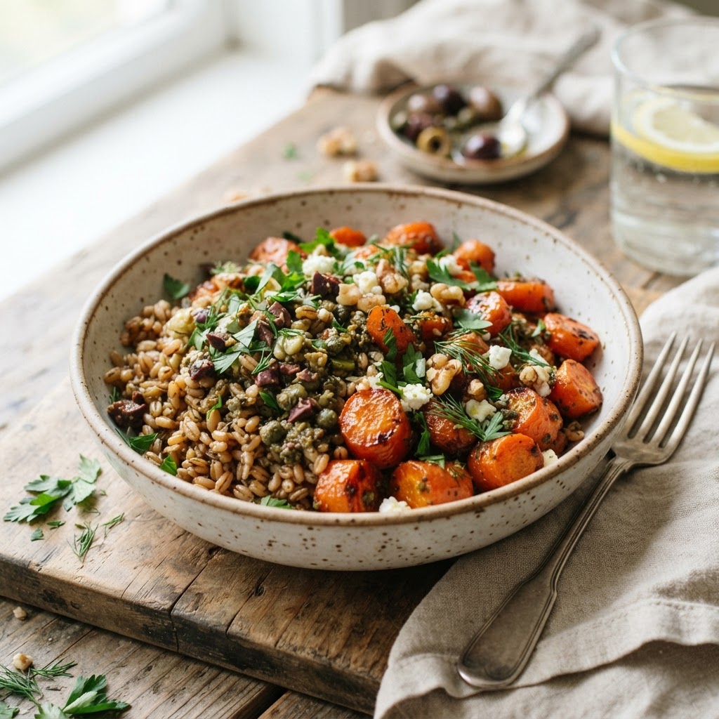 Roasted Carrot Farro with Olive Tapenade