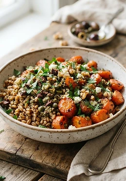 Roasted Carrot Farro with Olive Tapenade