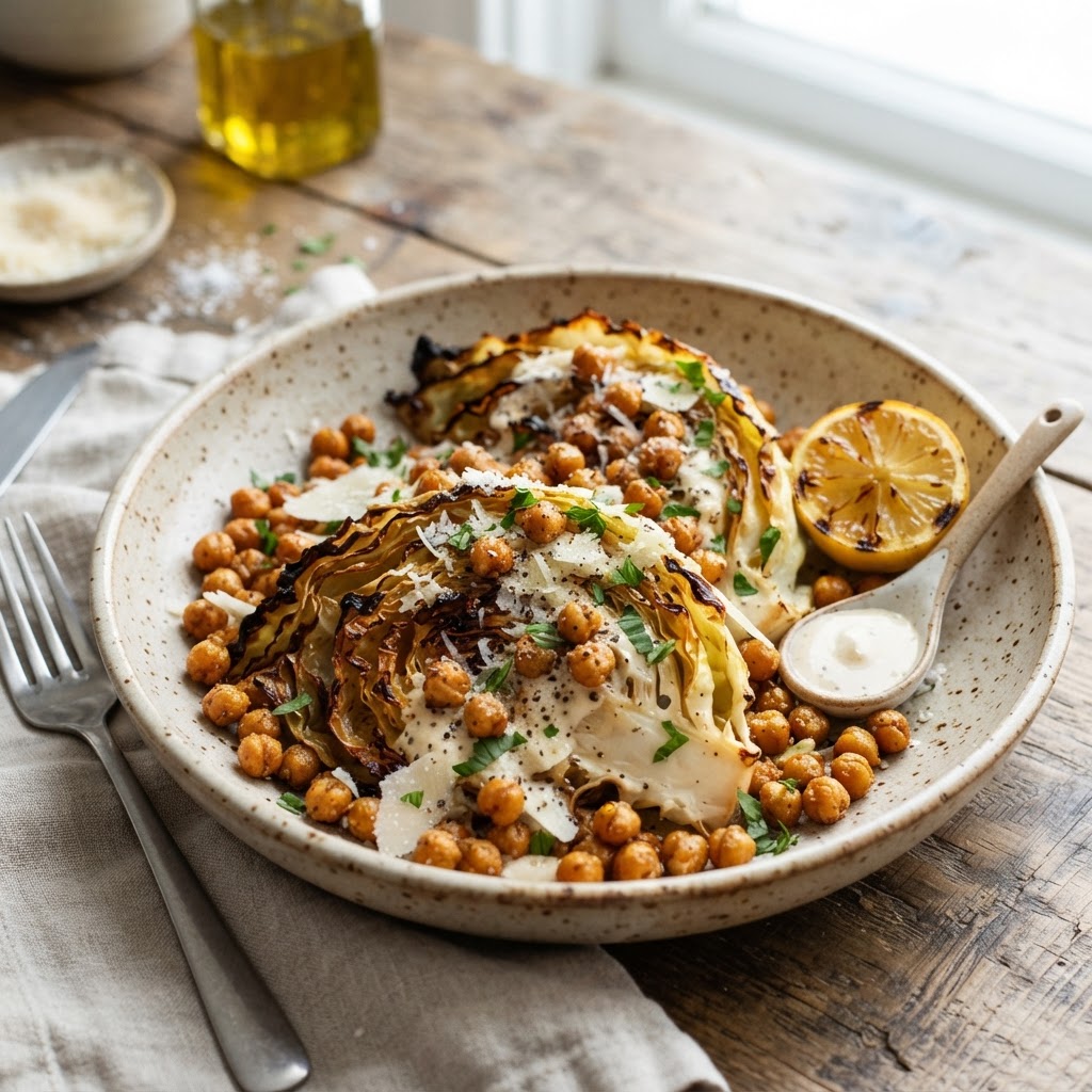 Roasted Cabbage Caesar with Crispy Chickpeas