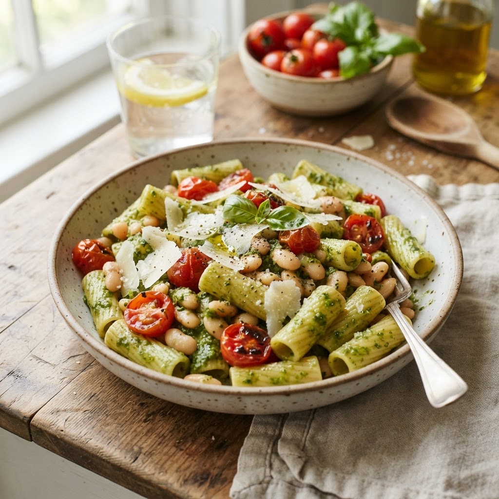 5-Ingredient Pesto White Bean Pasta