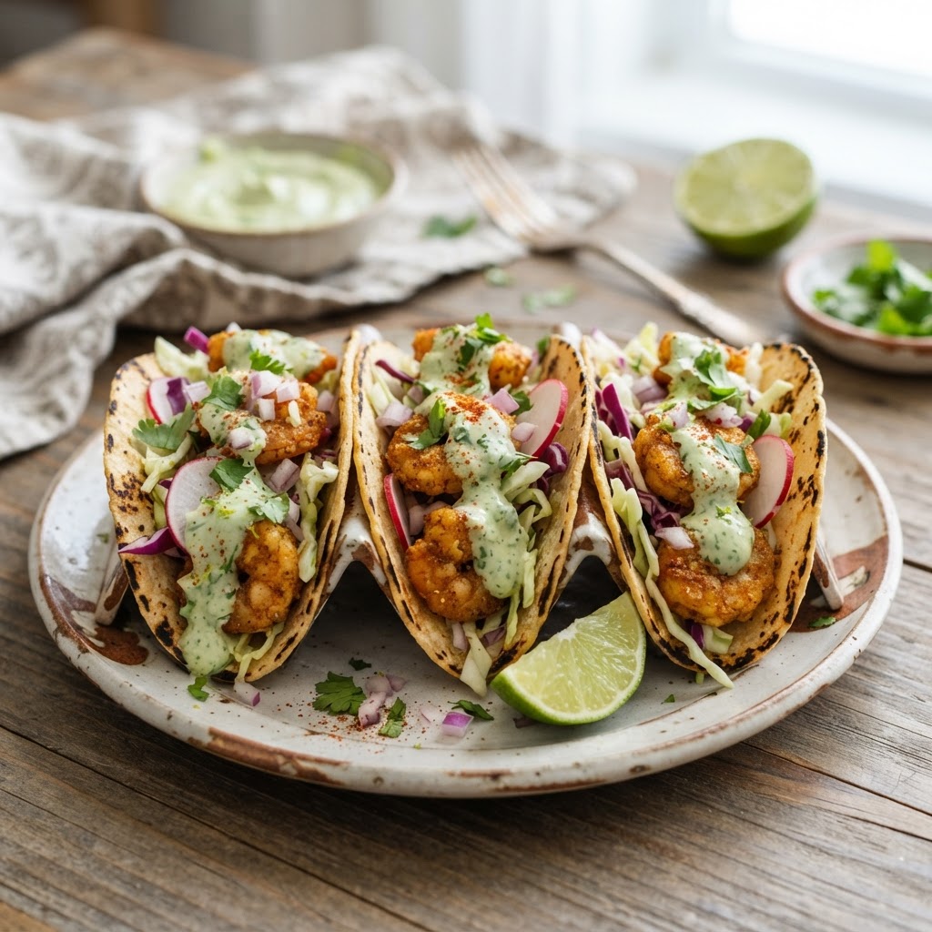 Crispy Shrimp Tacos with Avocado Lime Sauce