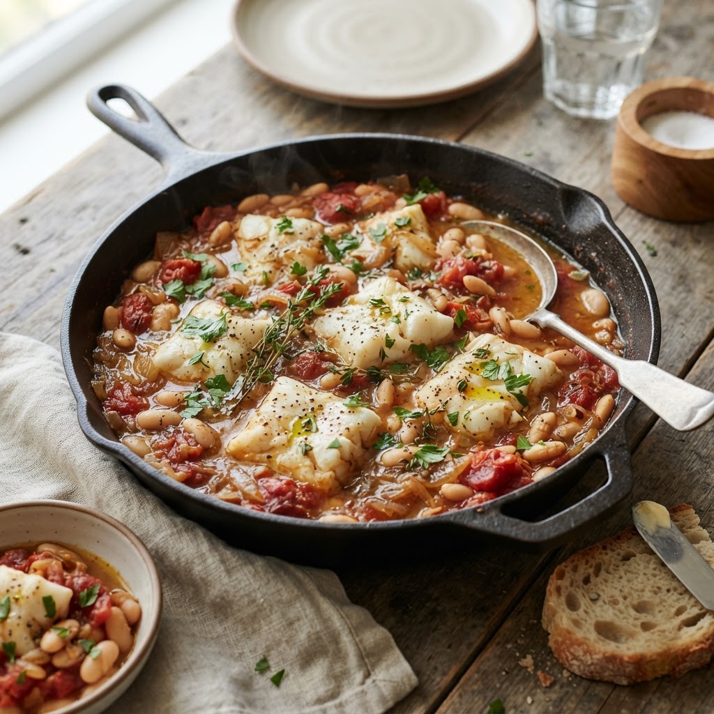 Cod and White Bean Cassoulet with Tomatoes