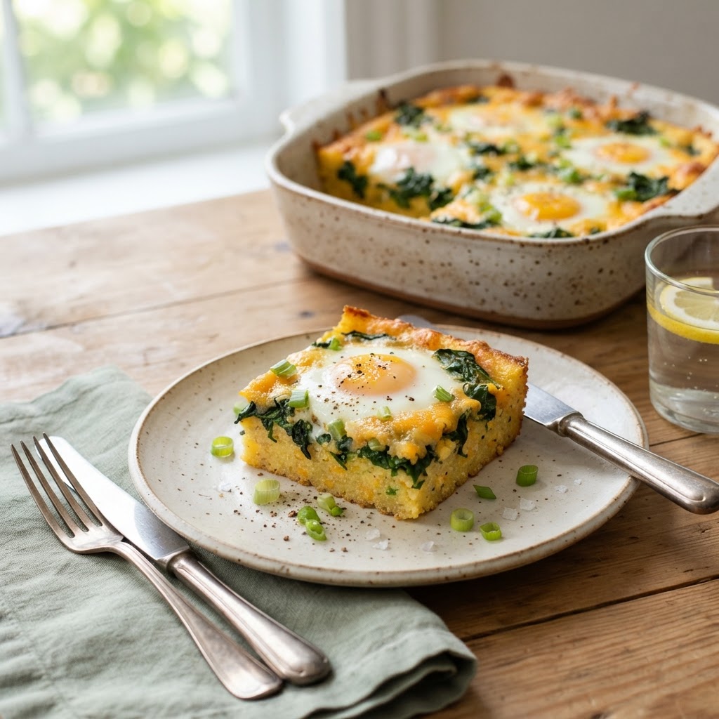 Baked Polenta Breakfast Squares with Spinach and Eggs