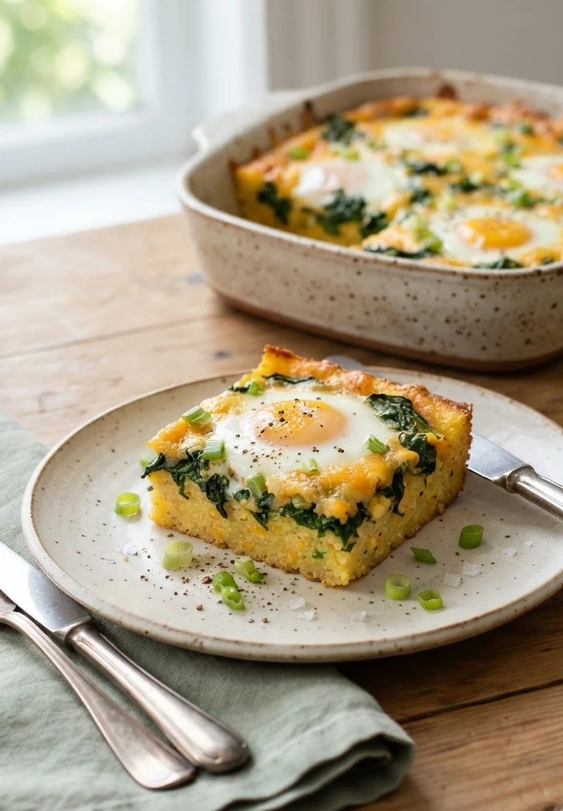 Baked Polenta Breakfast Squares with Spinach and Eggs