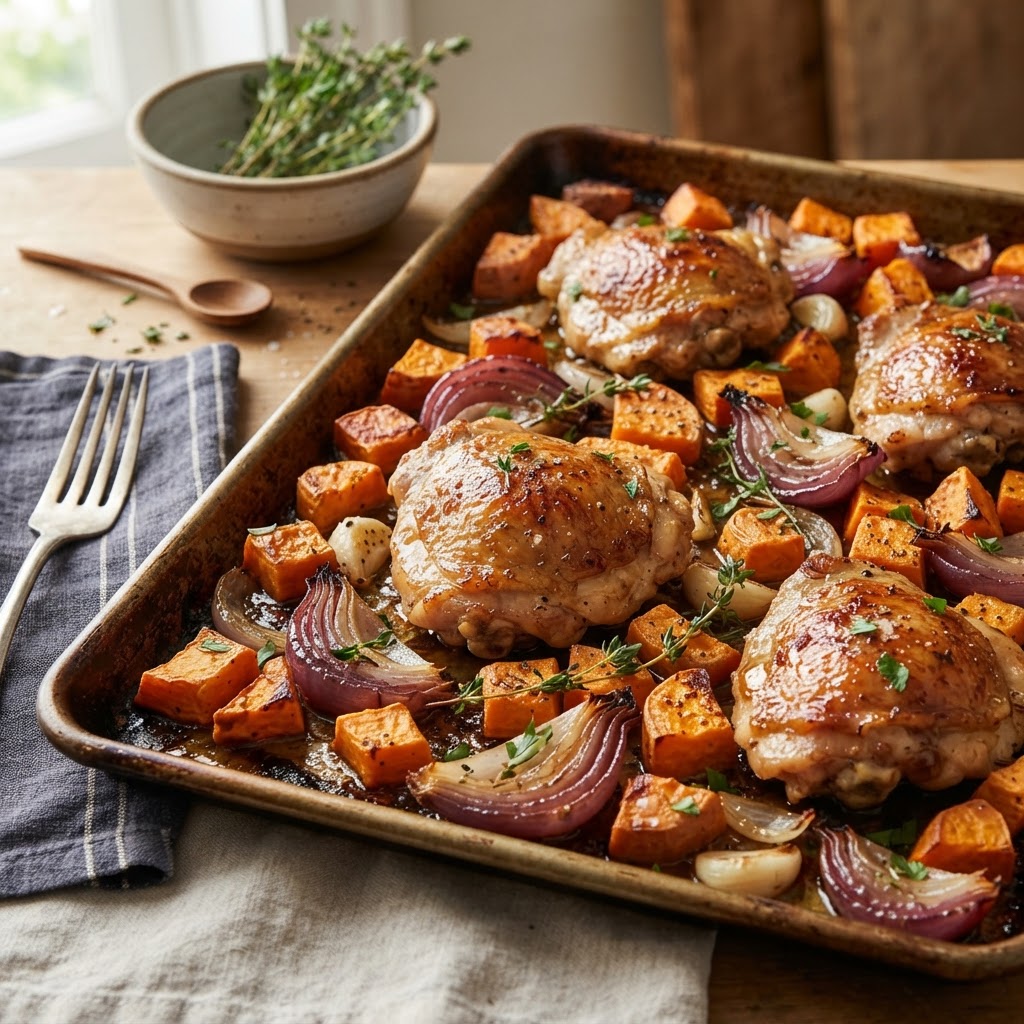 Maple Roasted Chicken Thighs with Sweet Potatoes and Onions