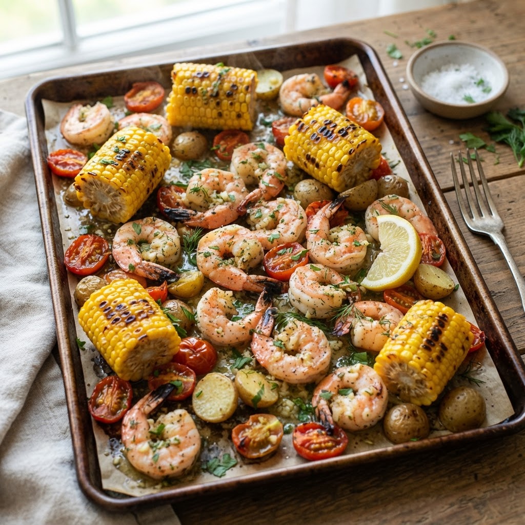 Sheet Pan Garlic Butter Shrimp and Corn