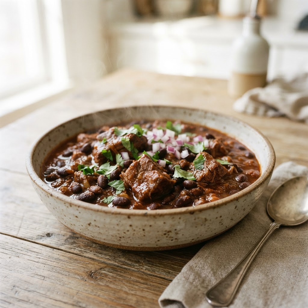 Smoky Cider-Braised Pork and Black Bean Chili