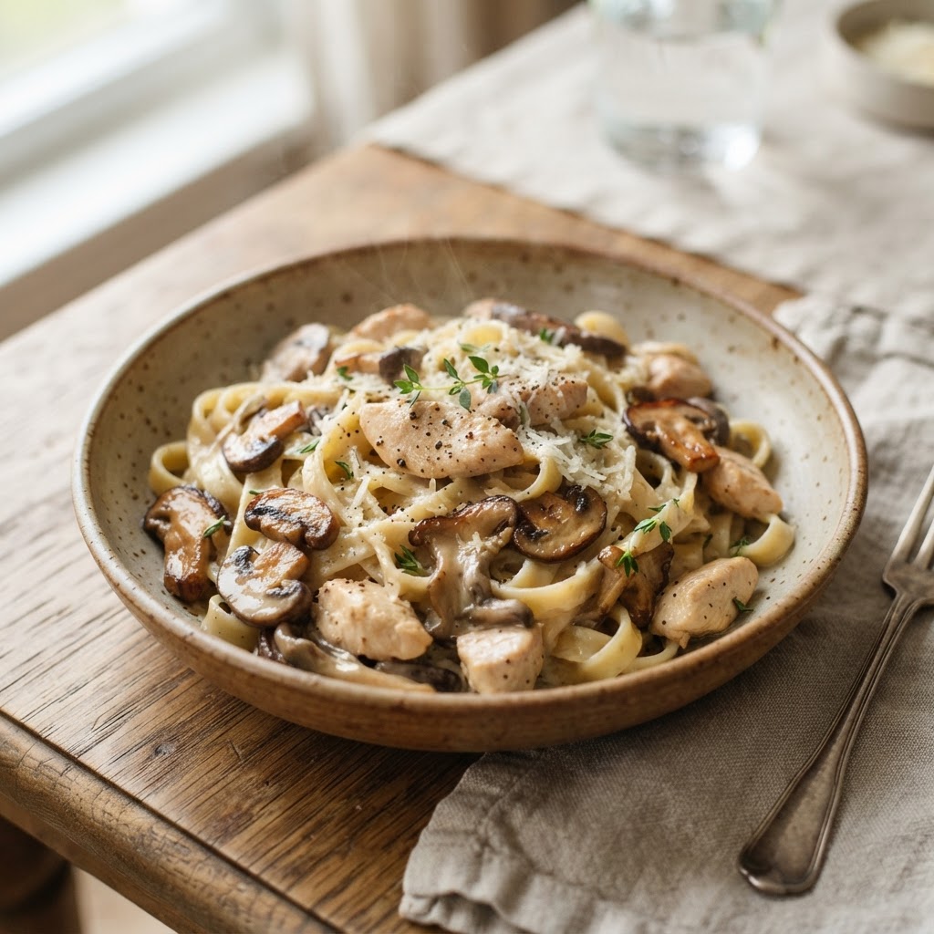 Creamy Mushroom and Chicken Pasta with Parmesan