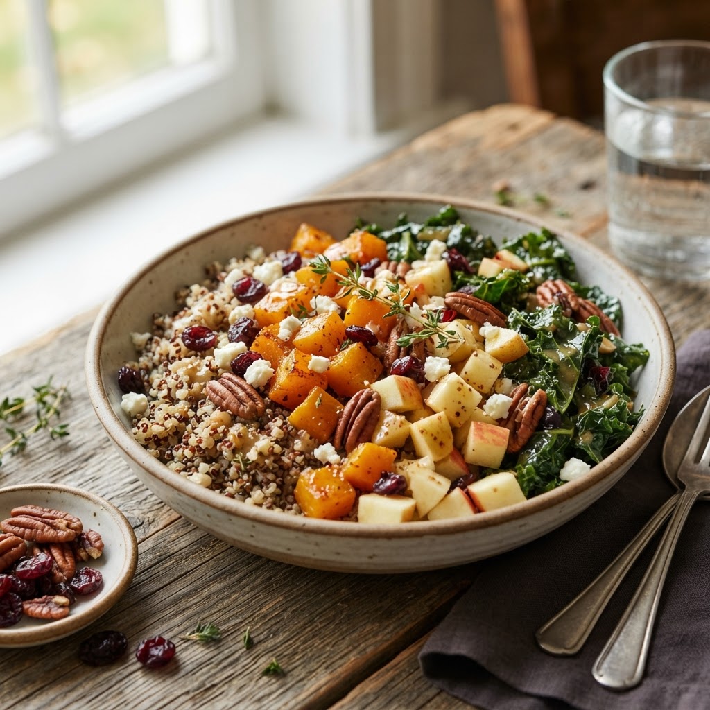 Harvest Quinoa Bowl with Roasted Squash, Apples, Kale, and Pecans