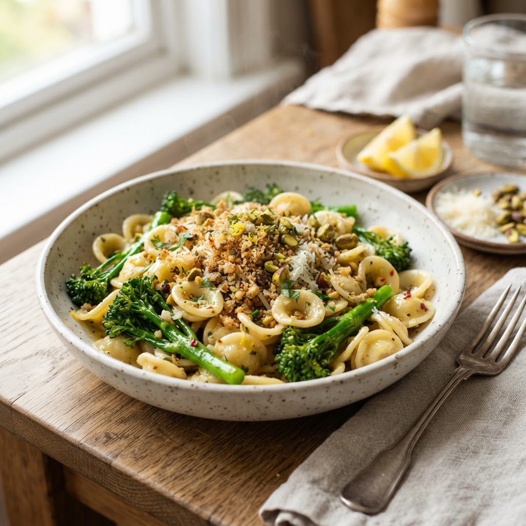 Broccolini Orecchiette with Lemon Pistachio Crumbs