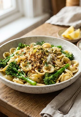 Broccolini Orecchiette with Lemon Pistachio Crumbs