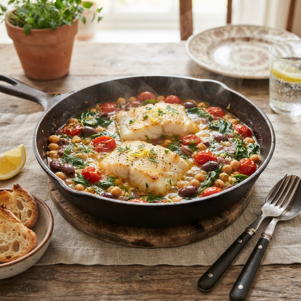 Mediterranean Cod and Chickpea Skillet