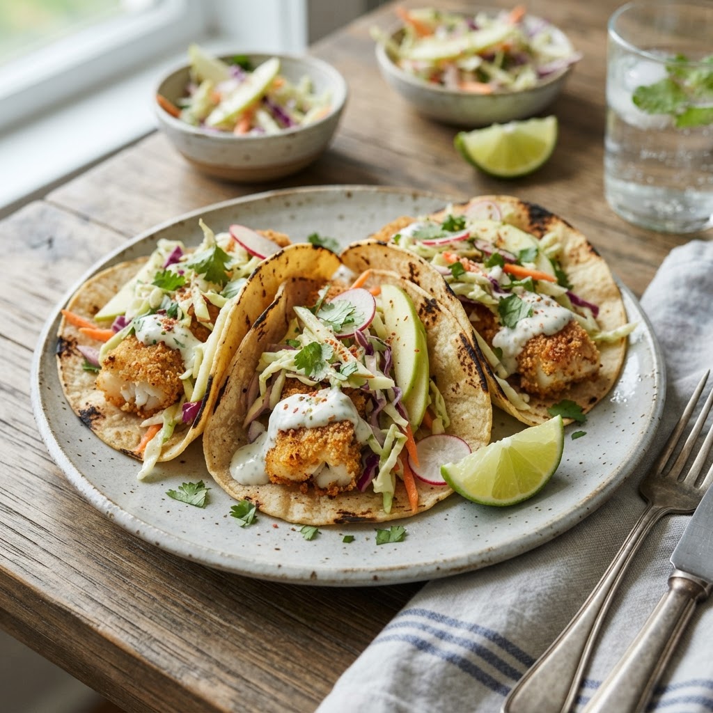 Crispy Cod Tacos with Apple Slaw