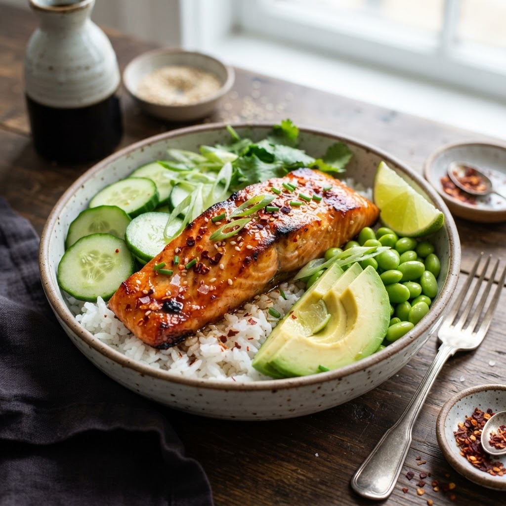 Hot Honey Salmon Rice Bowls