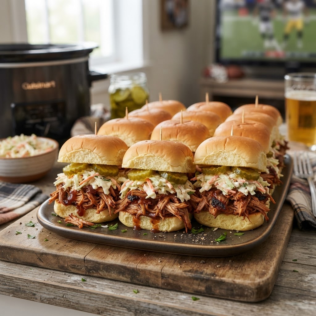 BBQ Pulled Pork Sliders with Crunchy Slaw and Pickles