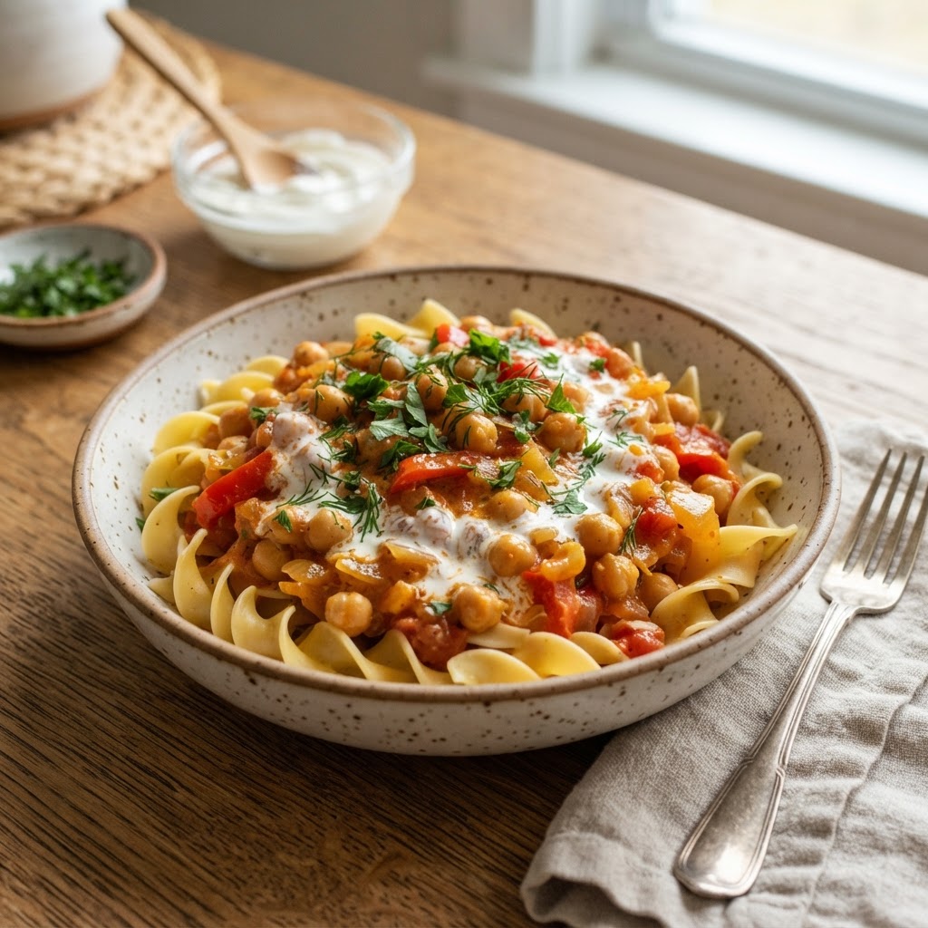 Chickpea Paprikash with Egg Noodles