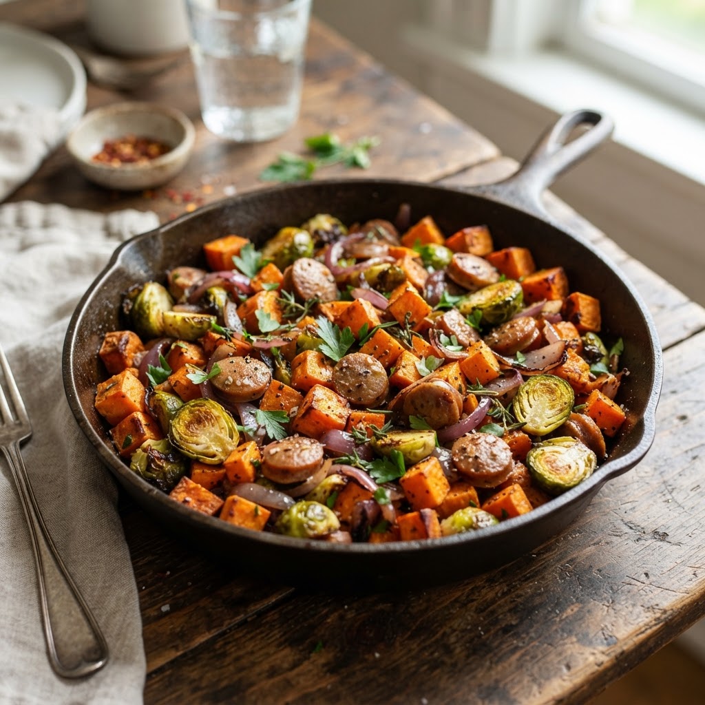 Sweet Potato Brussels Sprout Chicken Sausage Hash