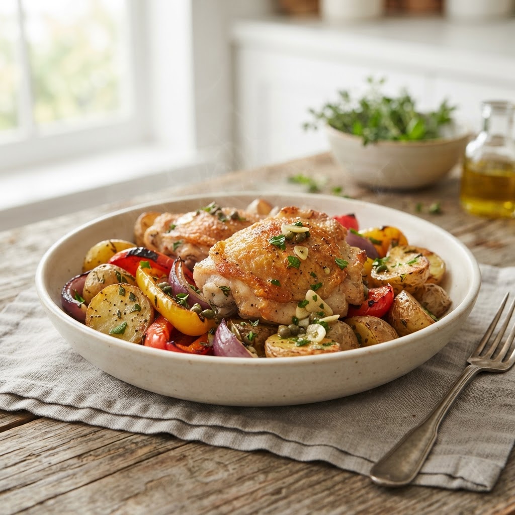 Roasted Chicken Thighs with Potatoes and Peppers