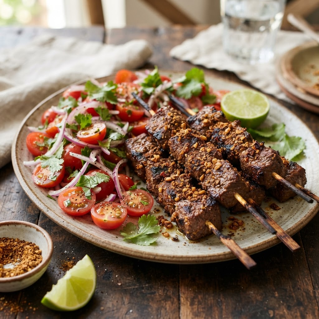 Beef Suya Skewers with Tomato Onion Salad