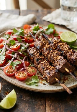 Beef Suya Skewers with Tomato Onion Salad