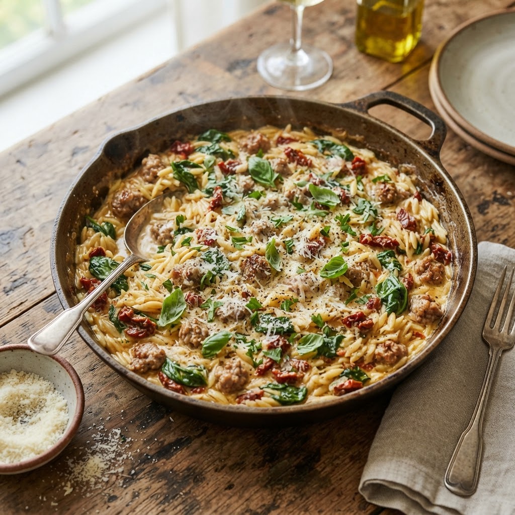 One-Pan Creamy Tuscan Sausage Orzo