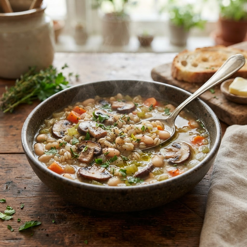 Mushroom Barley White Bean Soup