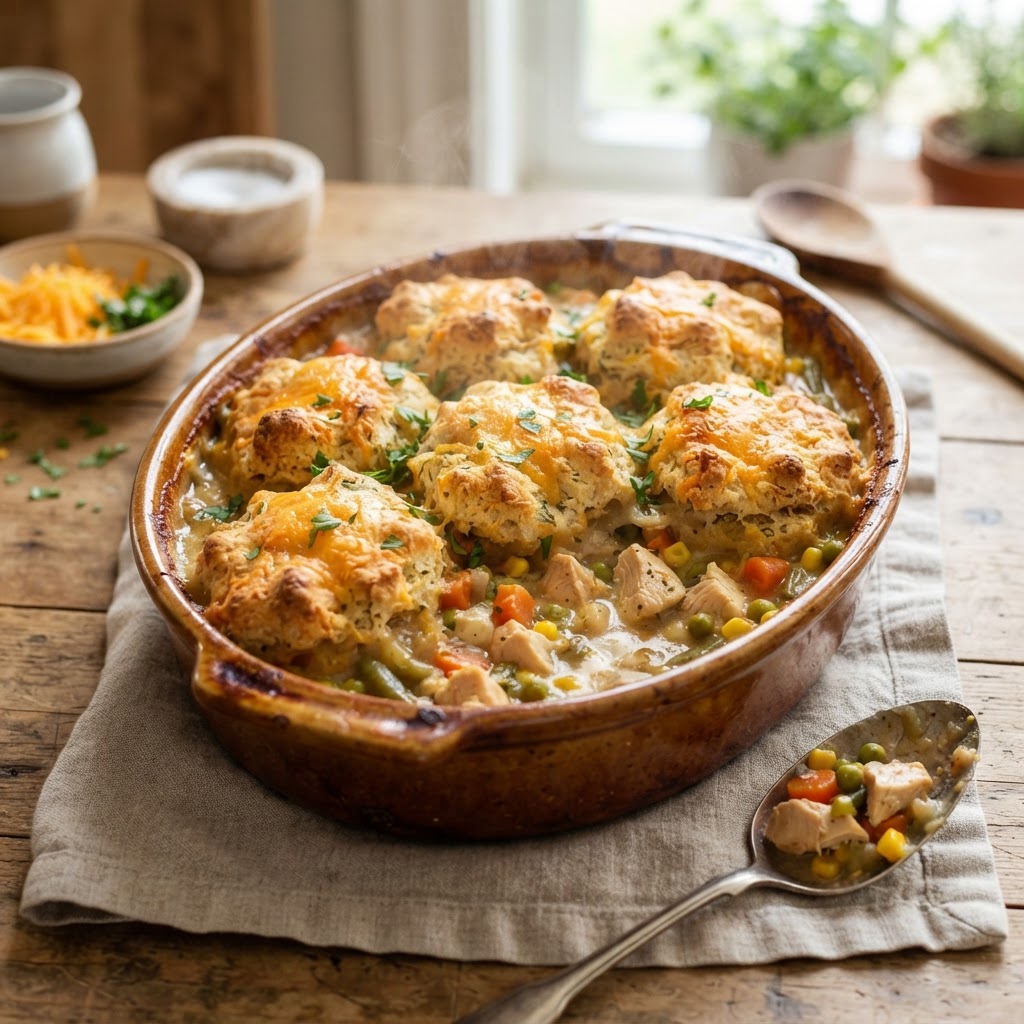 Chicken Cobbler with Cheddar Biscuit Topping