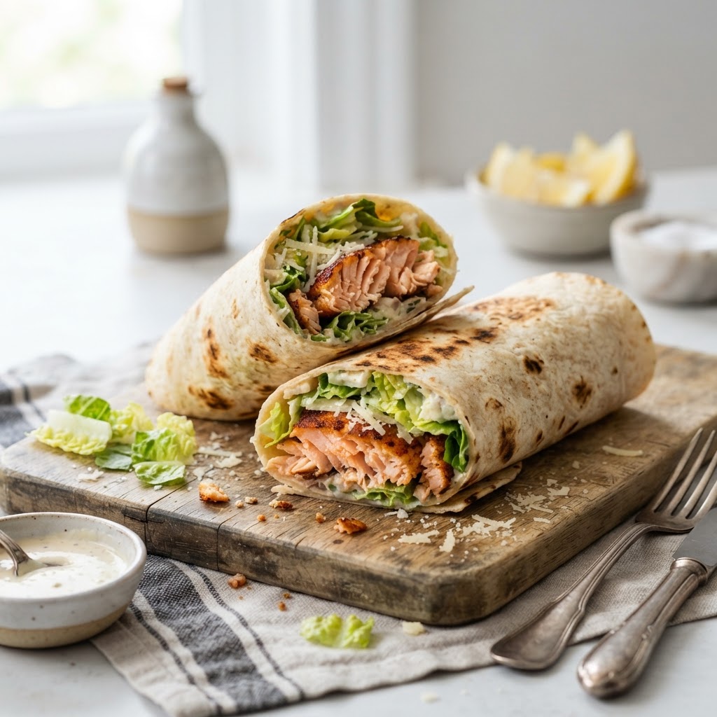 Crispy Salmon Caesar Wraps