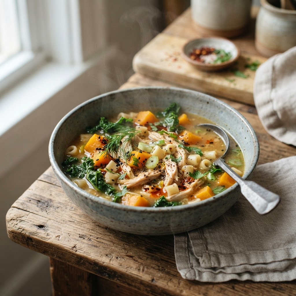 Miso Chicken Ditalini Soup with Kabocha