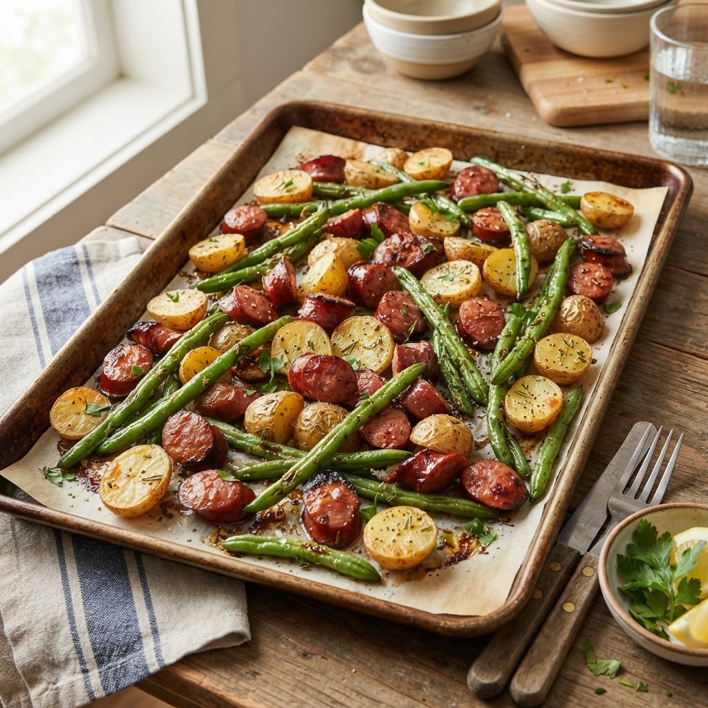 Sheet Pan Sausage Potatoes and Green Beans