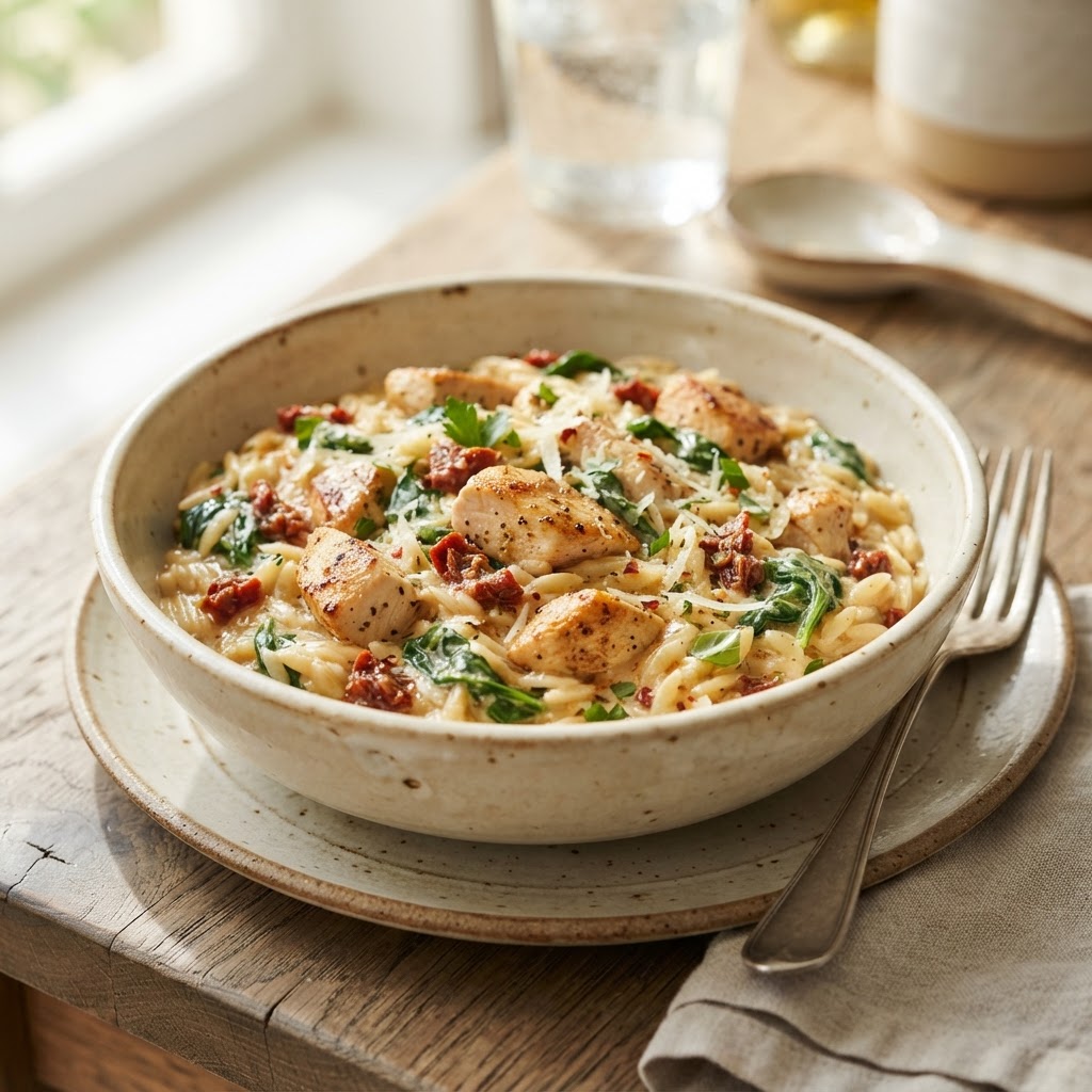Creamy Sun-Dried Tomato and Spinach Chicken Orzo