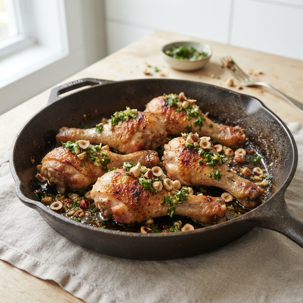 Skillet-Roasted Chicken Drumsticks with Gremolata and Toasted Hazelnuts