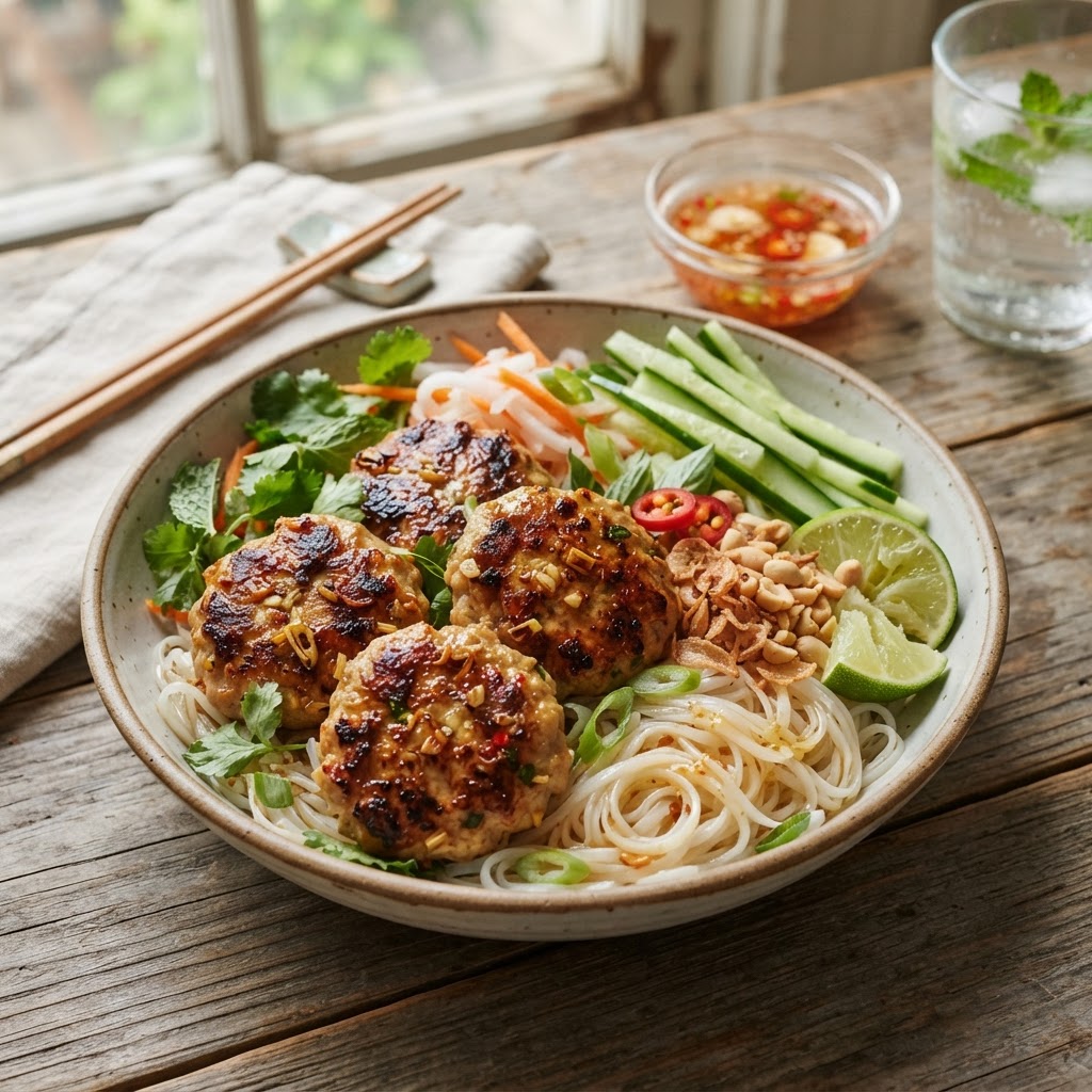 Vietnamese Lemongrass Turkey Patties with Rice Noodles