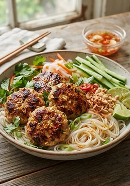 Vietnamese Lemongrass Turkey Patties with Rice Noodles